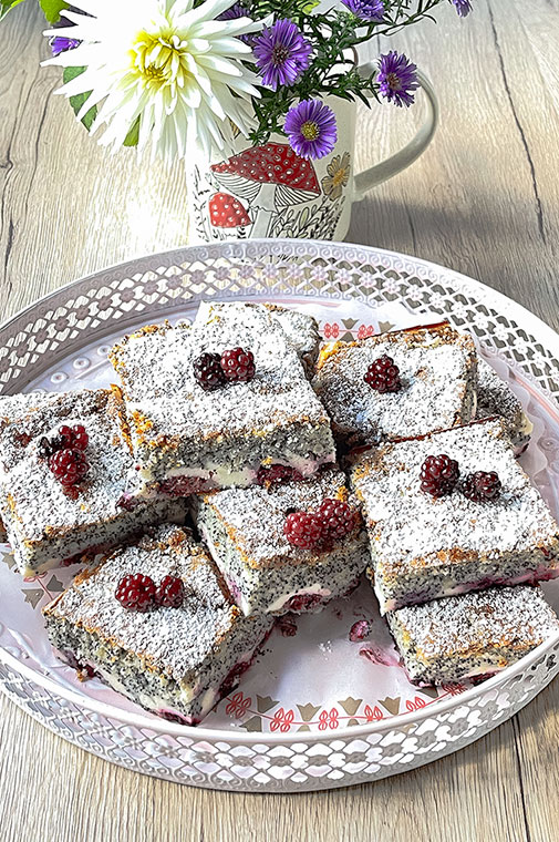 Makowy biszkopt z serem i jeżynami 